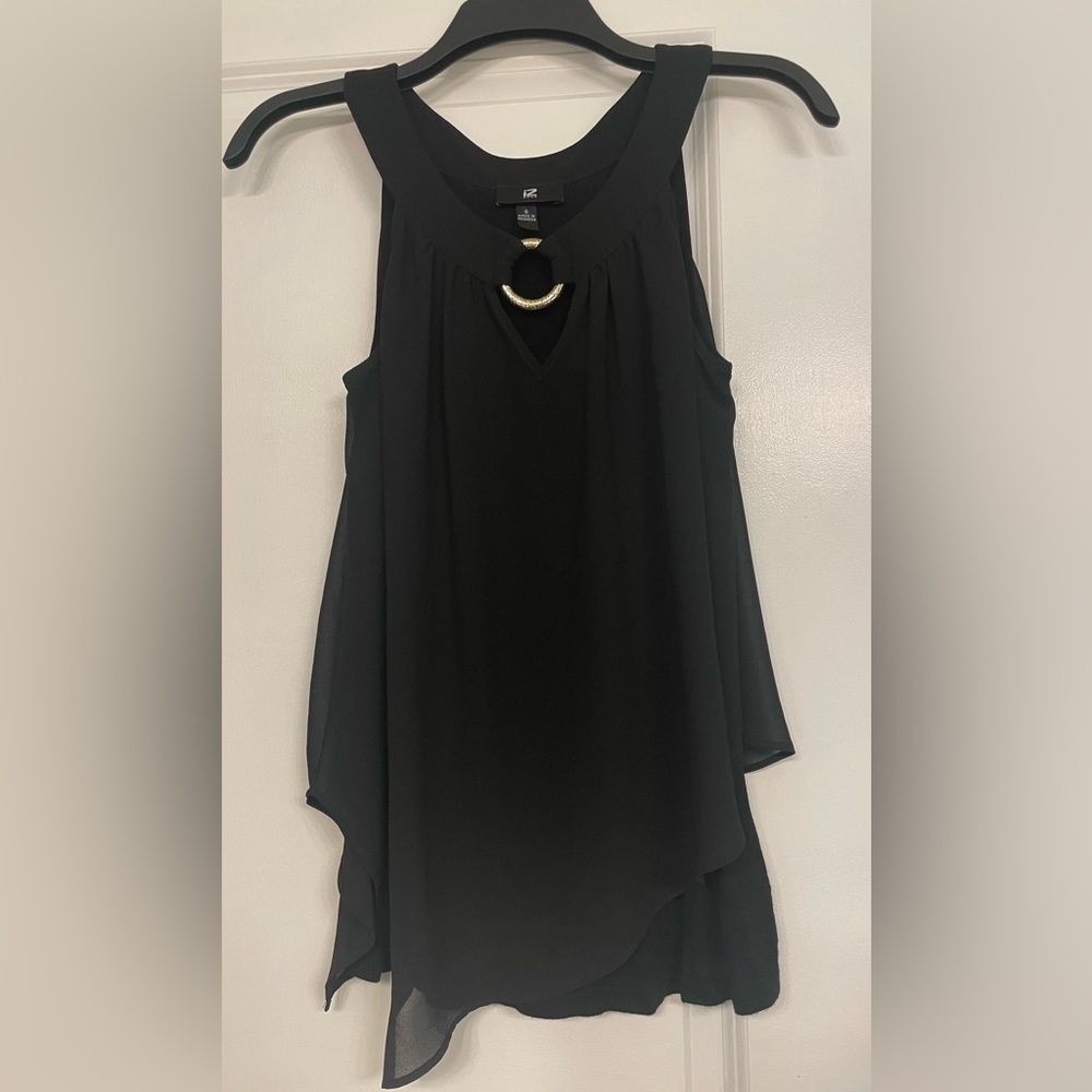 IZ Byer Black Sleeveless Blouse with Gold Ring Detail